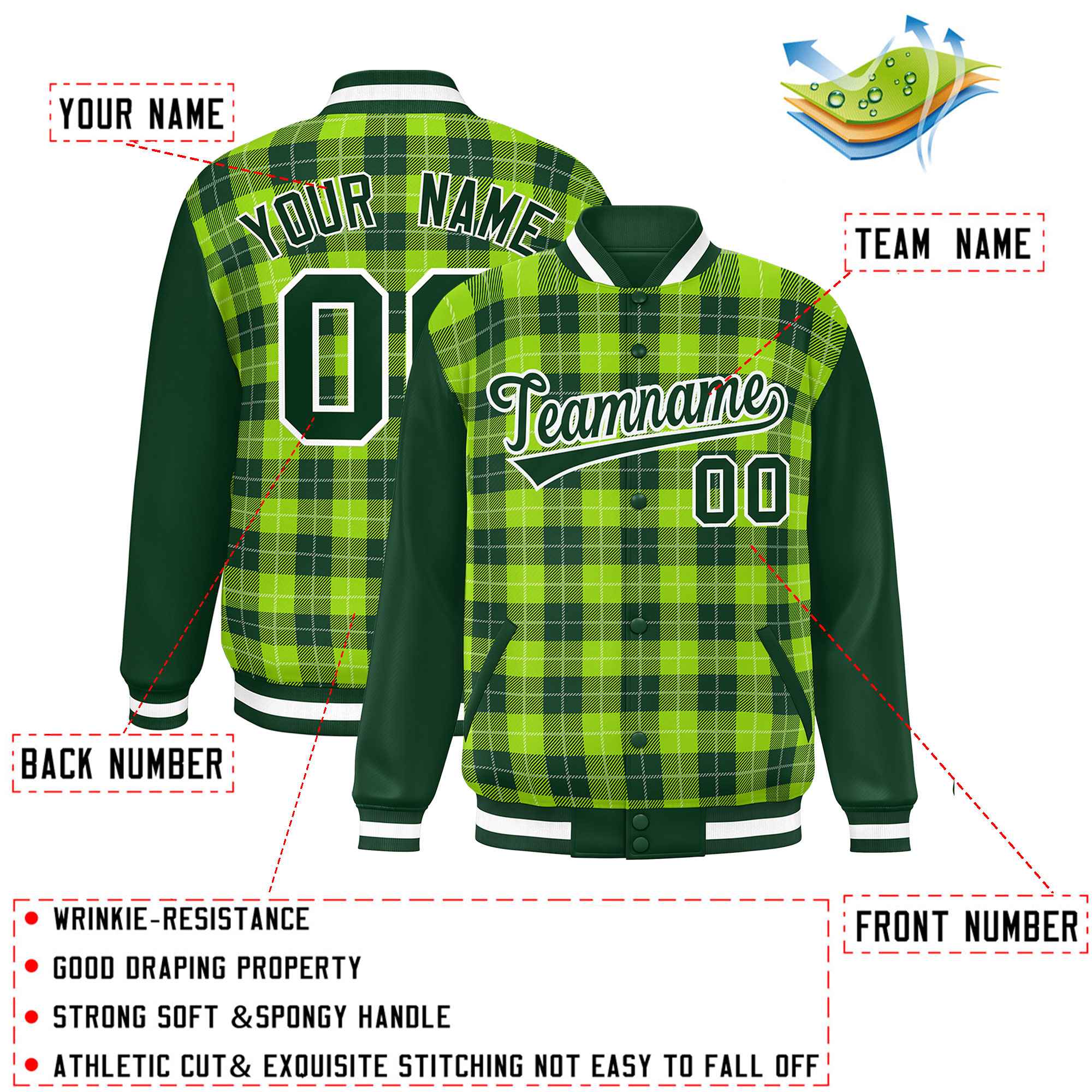 Custom Neon Green Green-White Varsity Full-Snap Plaid Pattern Letterman Baseball Jacket