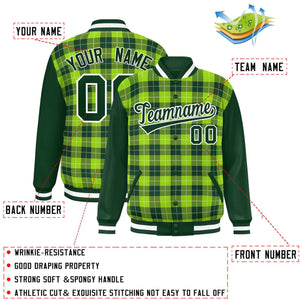 Custom Neon Green Green-White Varsity Full-Snap Plaid Pattern Letterman Baseball Jacket