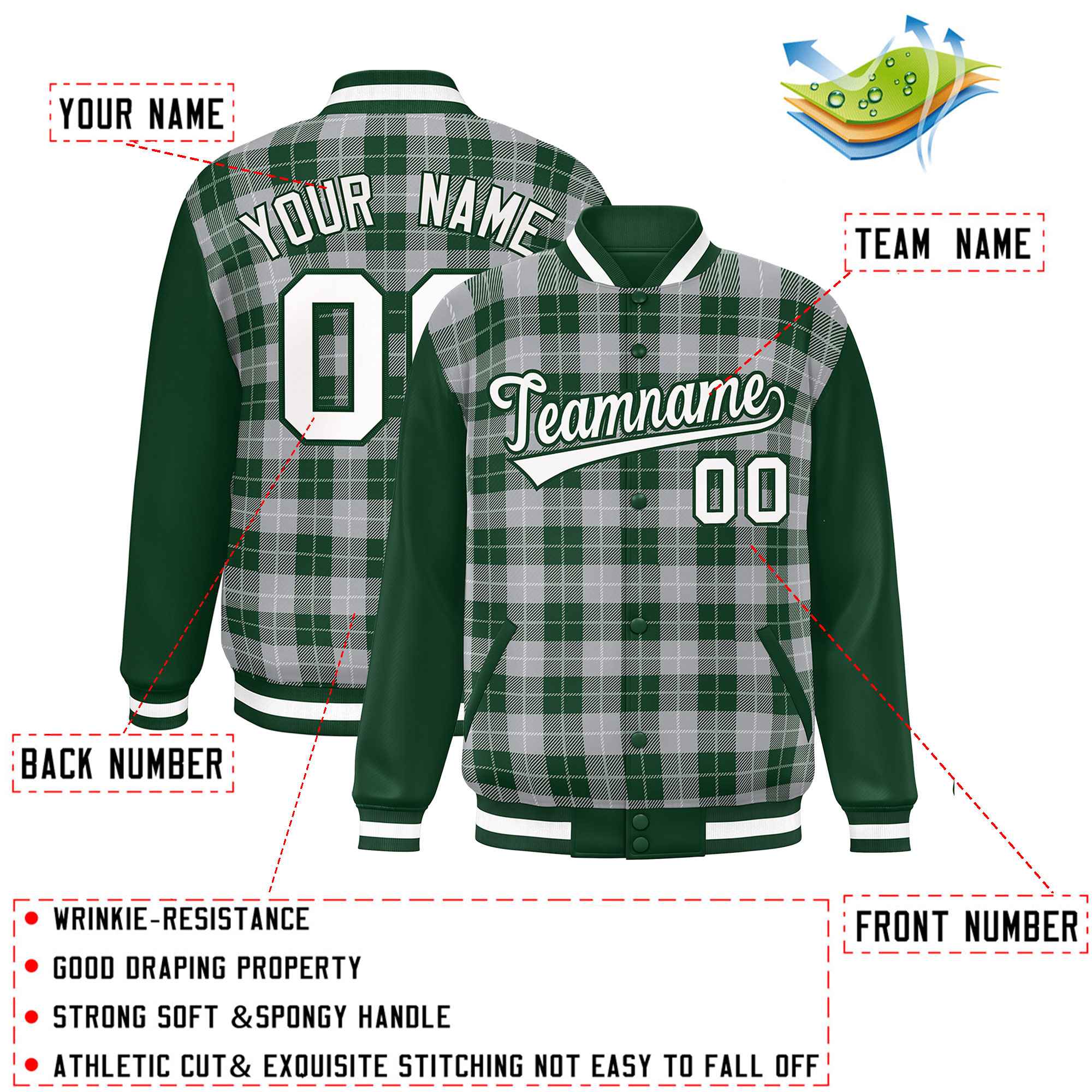 Custom Gray Green-White Varsity Full-Snap Plaid Pattern Letterman Baseball Jacket