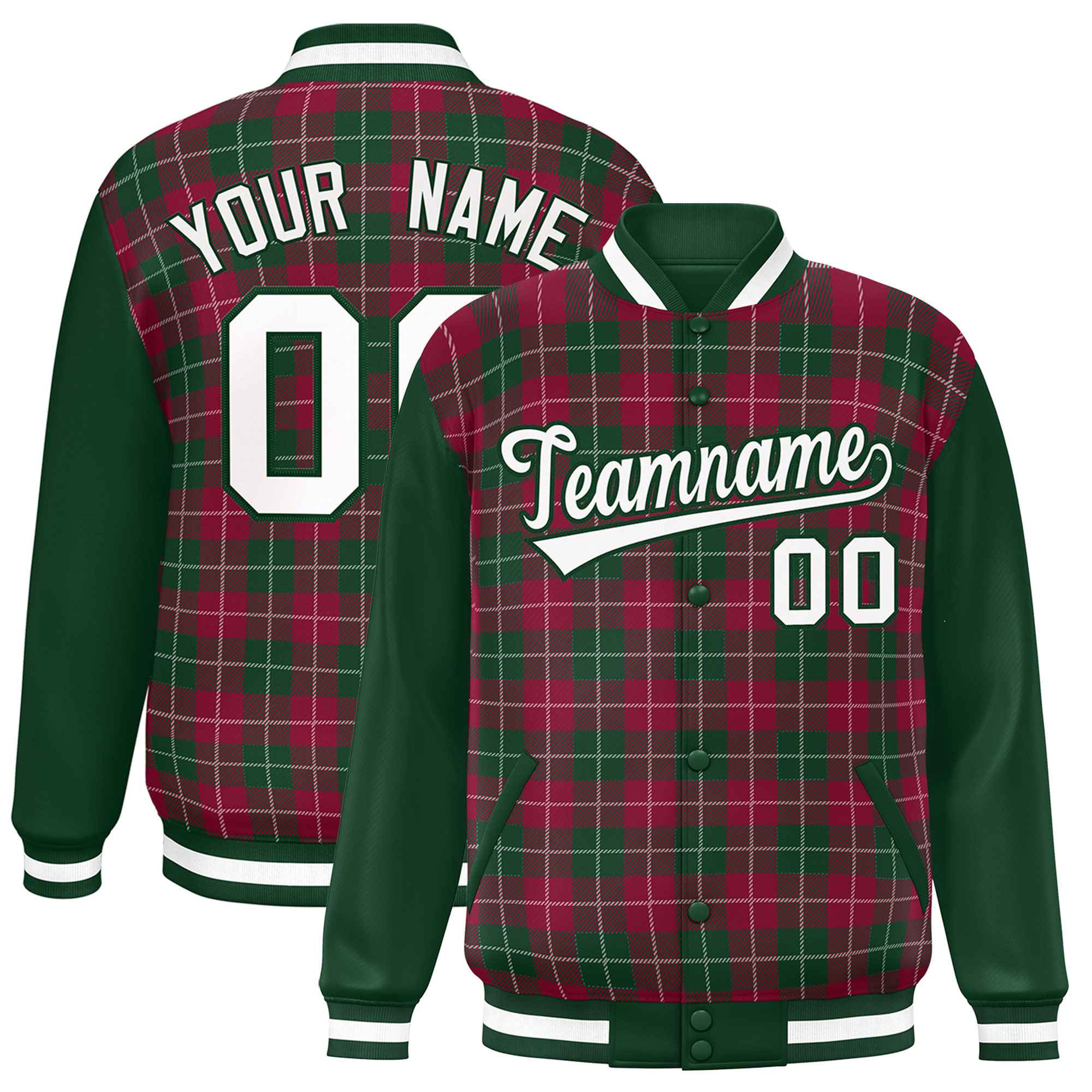 Custom Crimson Green-White Varsity Full-Snap Plaid Pattern Letterman Baseball Jacket