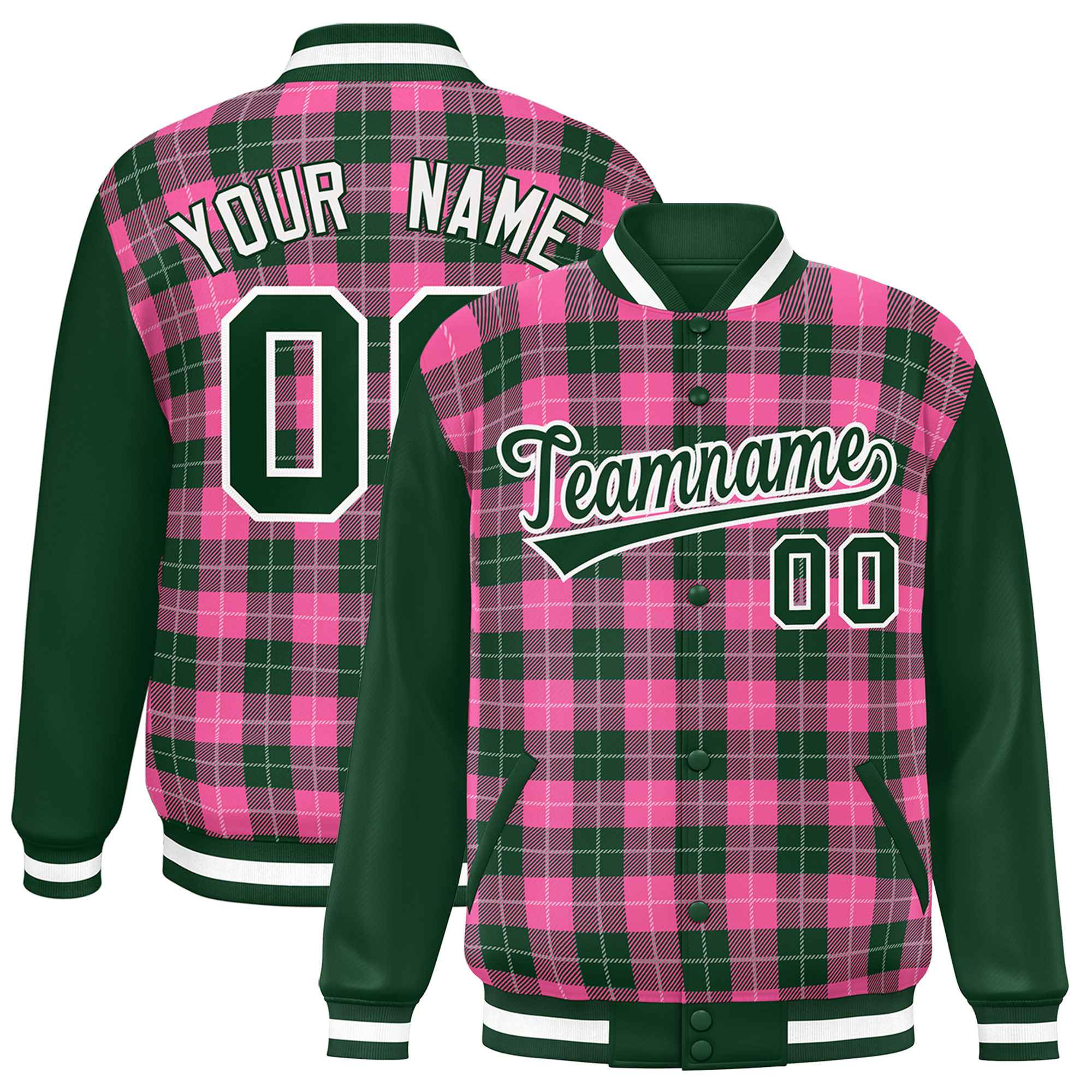 Custom Pink Green-White Varsity Full-Snap Plaid Pattern Letterman Baseball Jacket