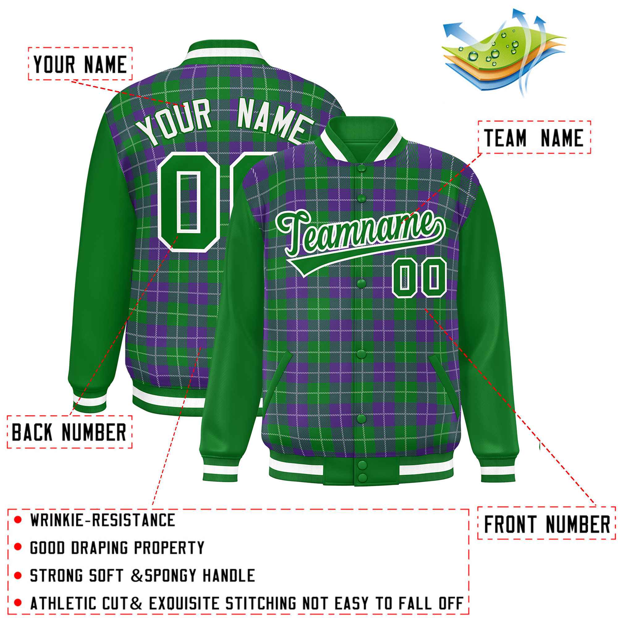 Custom Purple Green-White Varsity Full-Snap Plaid Pattern Letterman Baseball Jacket