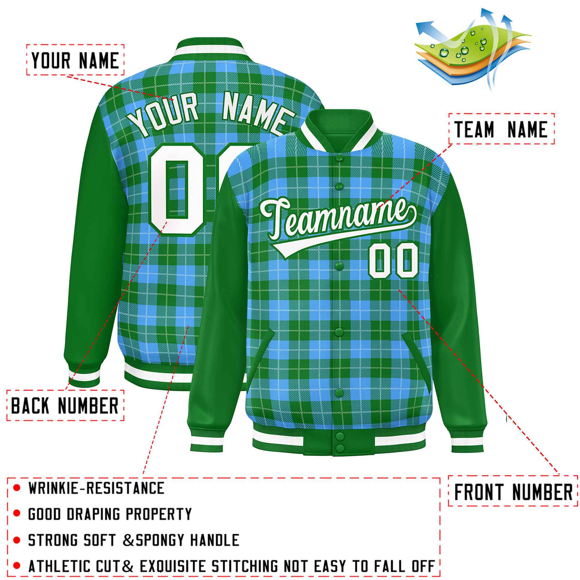 Custom Powder Blue Green-White Varsity Full-Snap Plaid Pattern Letterman Baseball Jacket