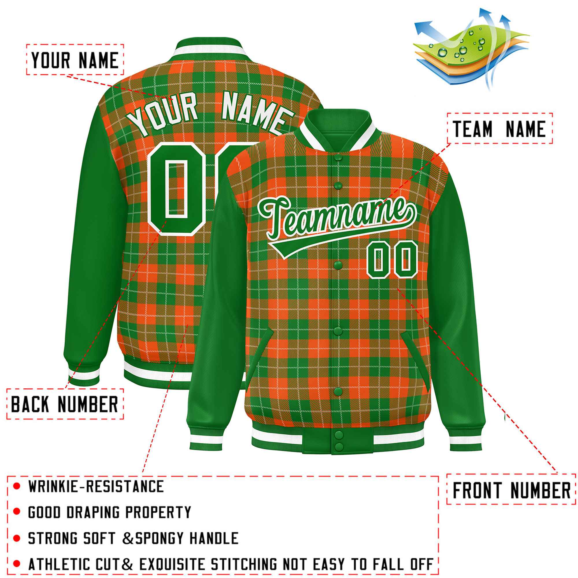 Custom Orange Green-White Varsity Full-Snap Plaid Pattern Letterman Baseball Jacket