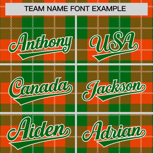 Custom Orange Green-White Varsity Full-Snap Plaid Pattern Letterman Baseball Jacket