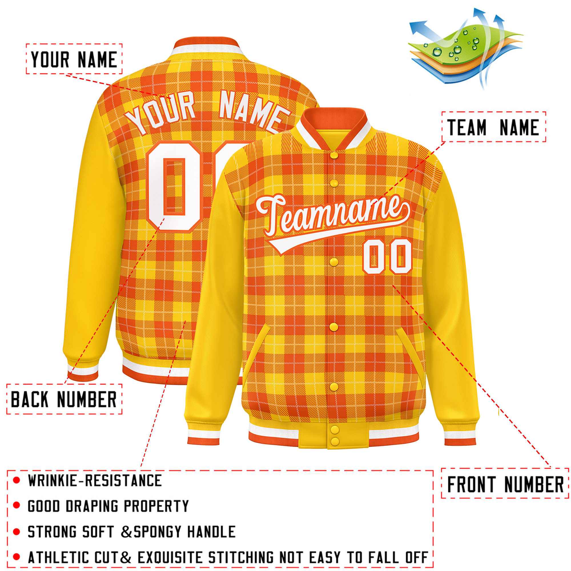 Custom Orange Gold-White Varsity Full-Snap Plaid Pattern Letterman Baseball Jacket