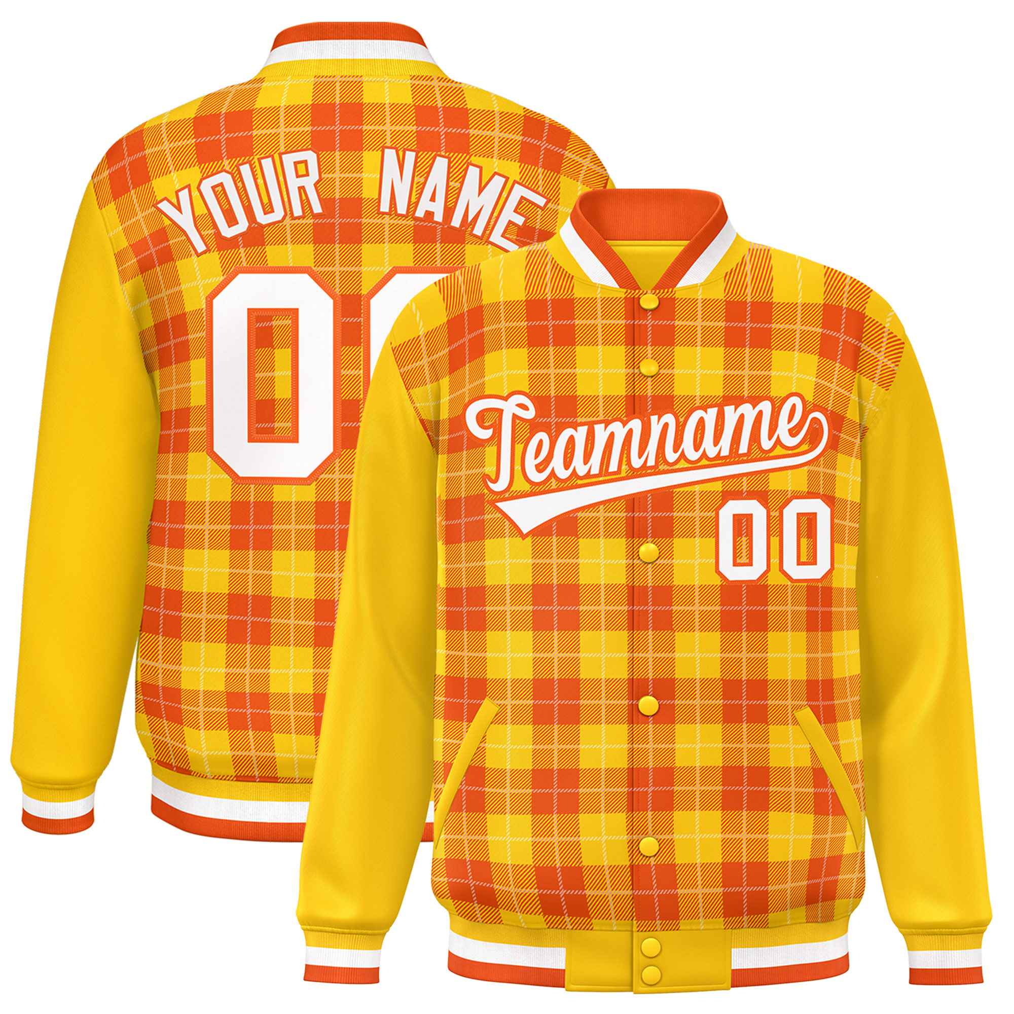 Custom Orange Gold-White Varsity Full-Snap Plaid Pattern Letterman Baseball Jacket