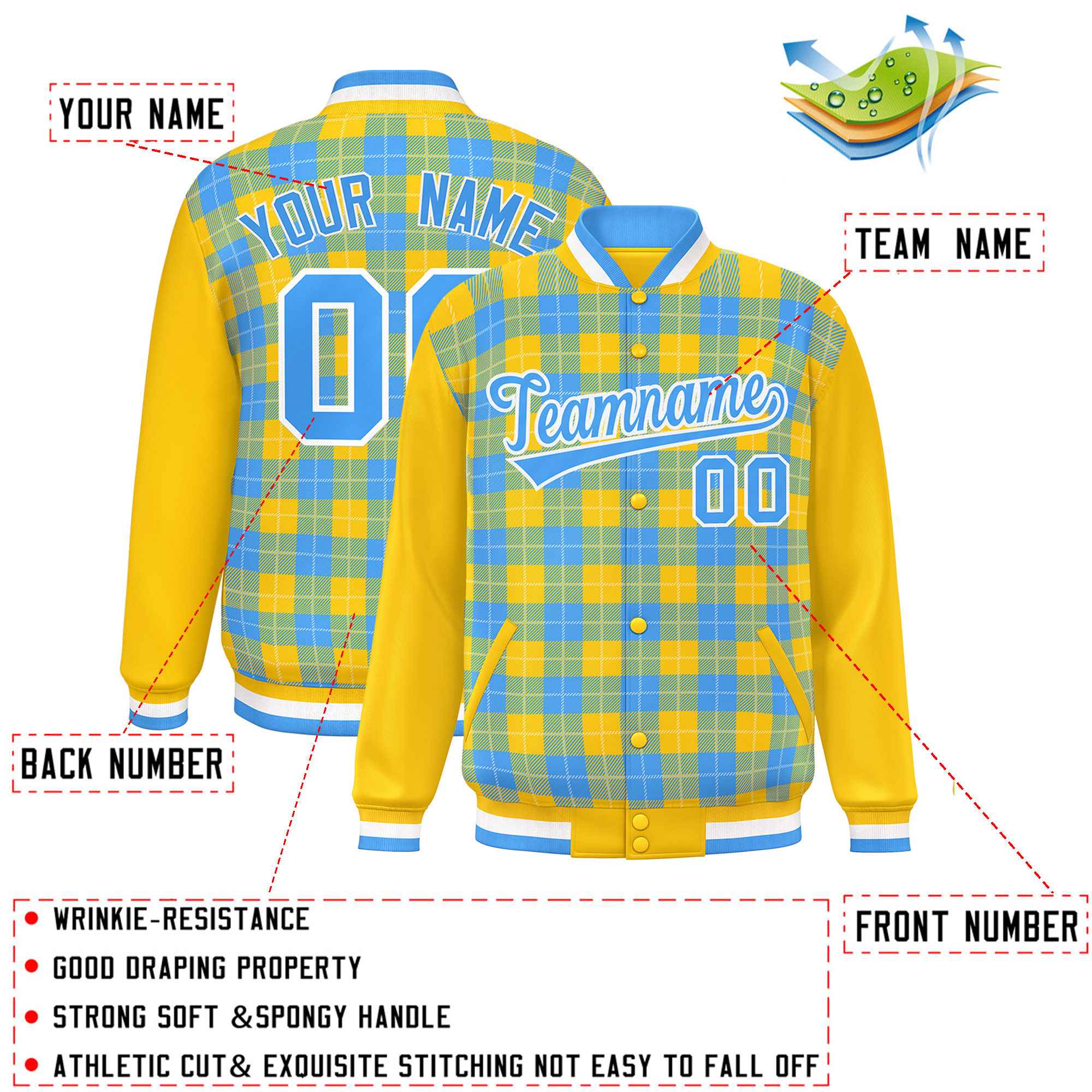 Custom Powder Blue Gold-White Varsity Full-Snap Plaid Pattern Letterman Baseball Jacket