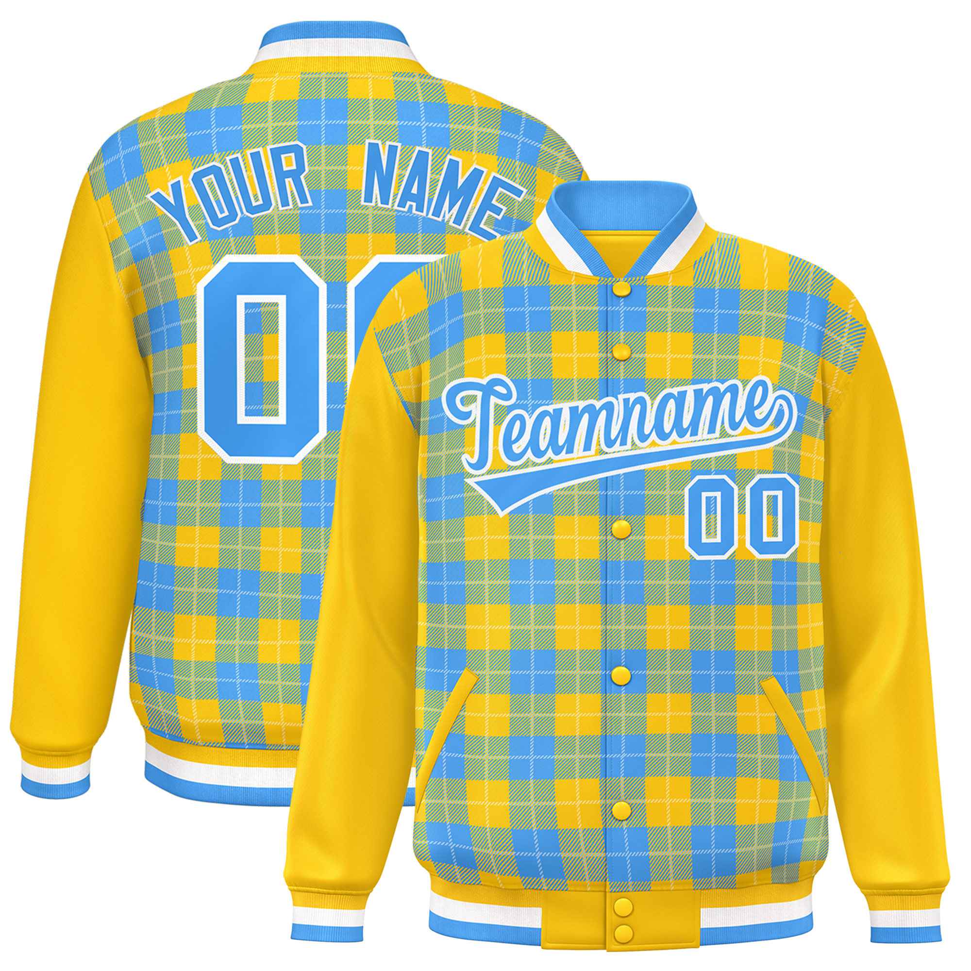 Custom Powder Blue Gold-White Varsity Full-Snap Plaid Pattern Letterman Baseball Jacket