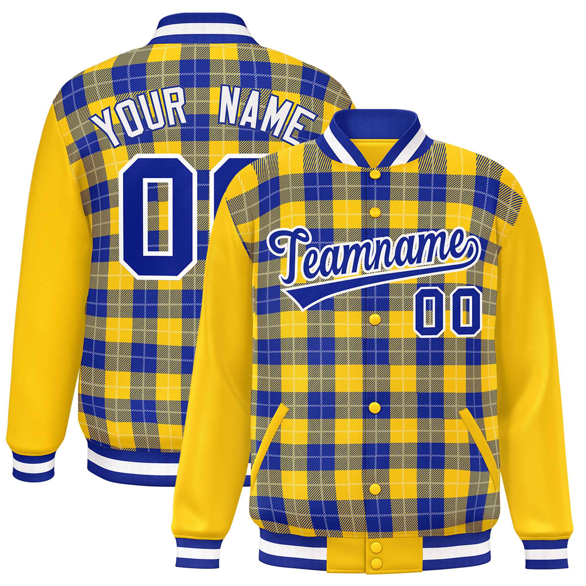 Custom Royal Gold-White Varsity Full-Snap Plaid Pattern Letterman Baseball Jacket