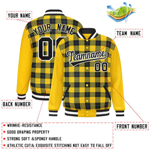 Custom Black Gold-Powder Blue Varsity Full-Snap Plaid Pattern Letterman Baseball Jacket