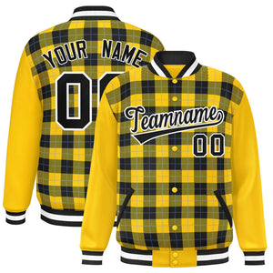 Custom Black Gold-Powder Blue Varsity Full-Snap Plaid Pattern Letterman Baseball Jacket