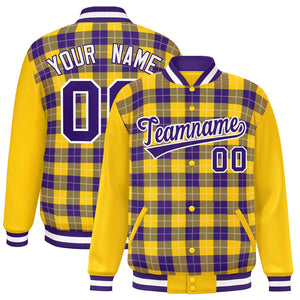 Custom Purple Gold-White Varsity Full-Snap Plaid Pattern Letterman Baseball Jacket