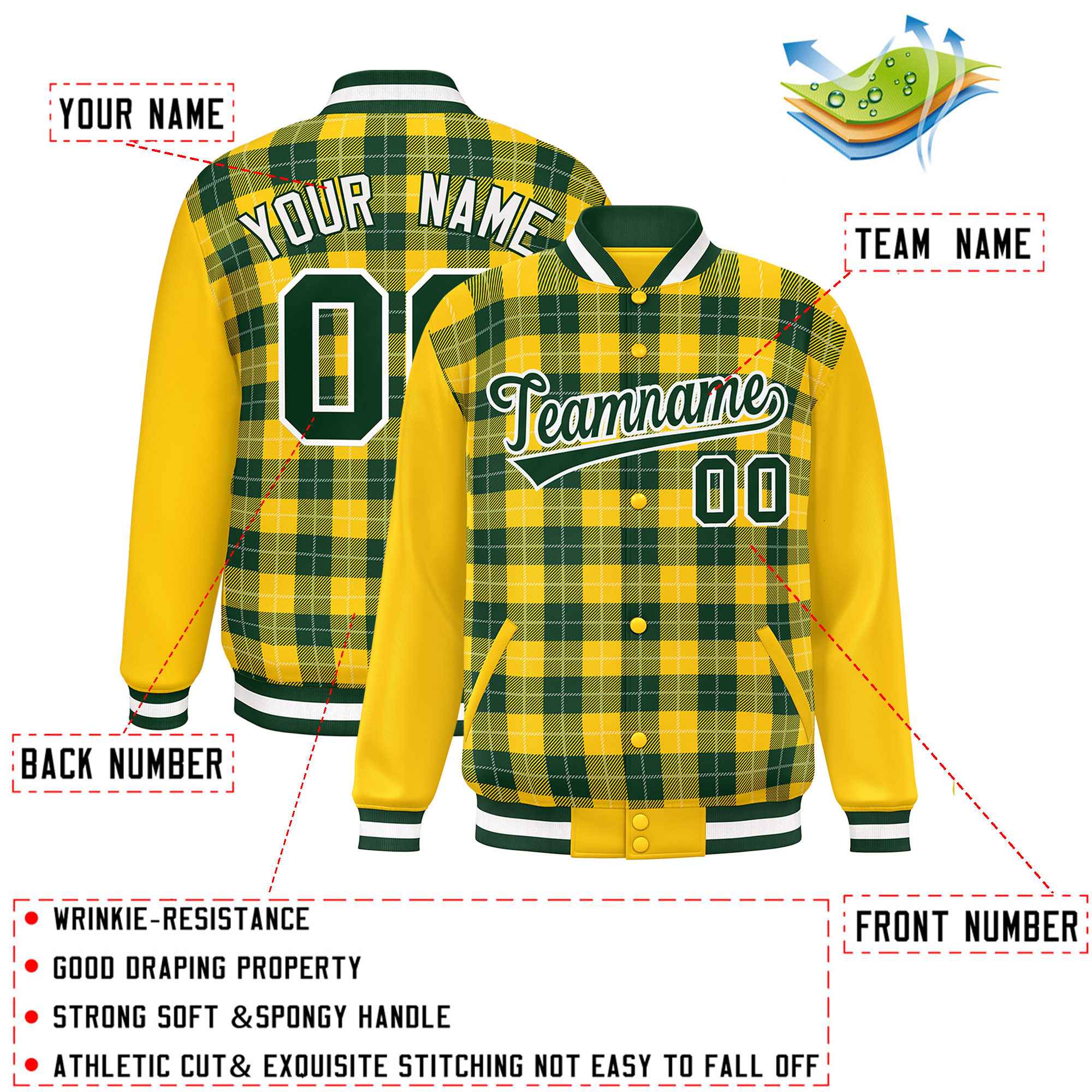 Custom Green Gold-White Varsity Full-Snap Plaid Pattern Letterman Baseball Jacket