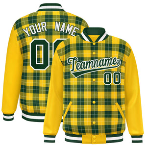 Custom Green Gold-White Varsity Full-Snap Plaid Pattern Letterman Baseball Jacket