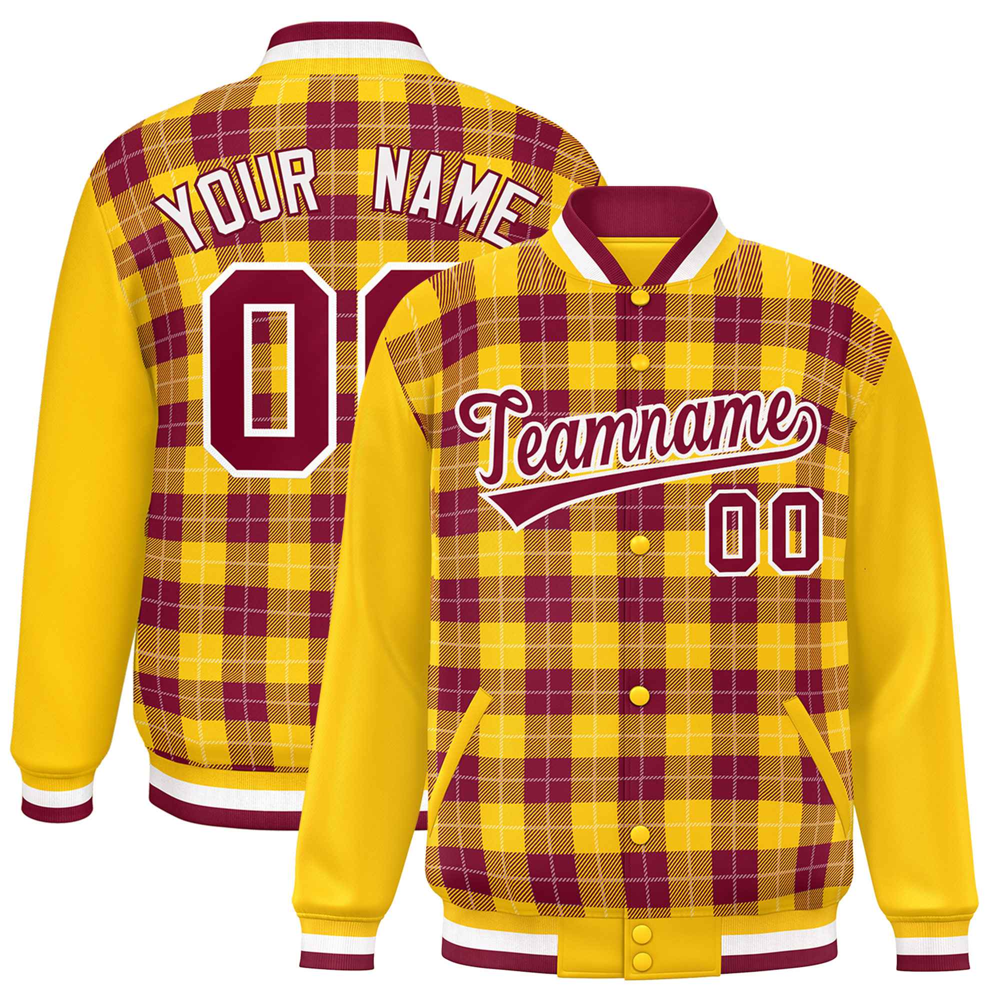 Custom Crimson Gold-White Varsity Full-Snap Plaid Pattern Letterman Baseball Jacket