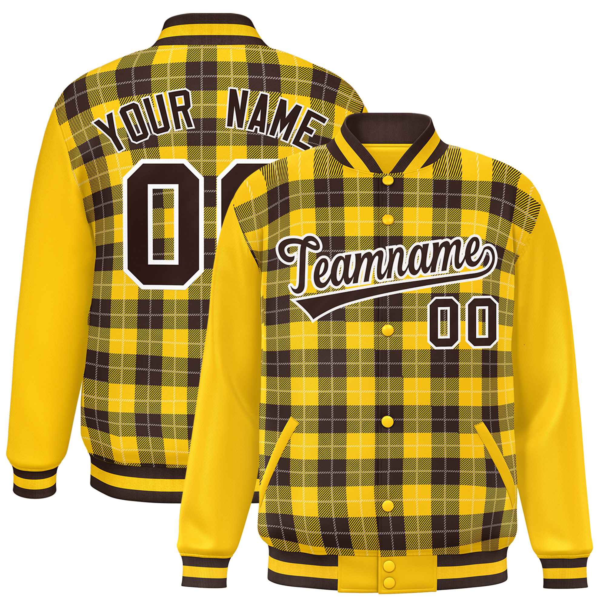 Custom Brown Gold-White Varsity Full-Snap Plaid Pattern Letterman Baseball Jacket