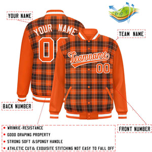 Custom Brown Orange-White Varsity Full-Snap Plaid Pattern Letterman Baseball Jacket