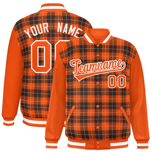 Custom Brown Orange-White Varsity Full-Snap Plaid Pattern Letterman Baseball Jacket