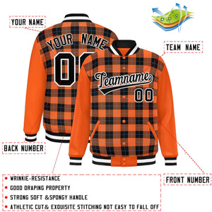 Custom Black Orange-Powder Blue Varsity Full-Snap Plaid Pattern Letterman Baseball Jacket