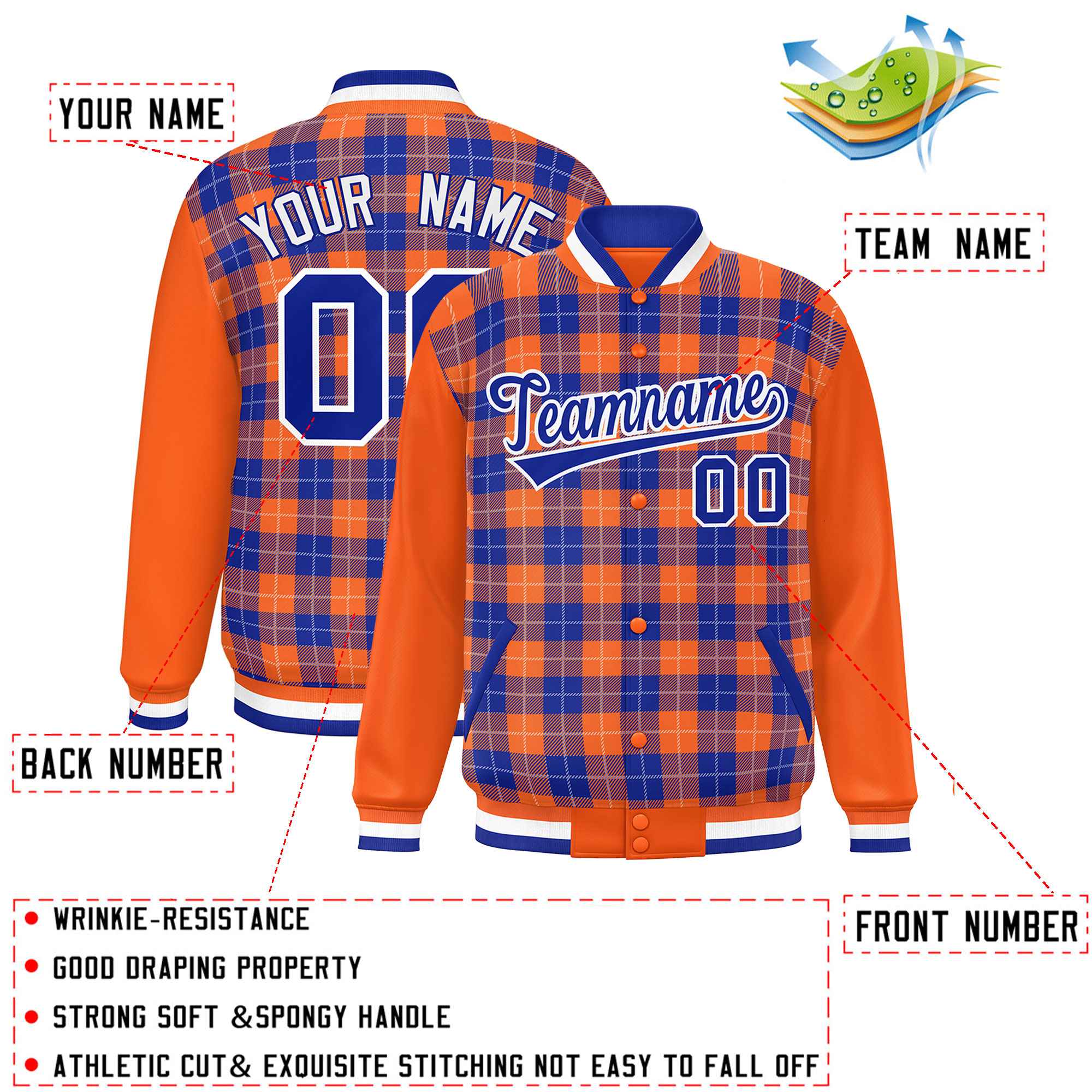 Custom Royal Orange-White Varsity Full-Snap Plaid Pattern Letterman Baseball Jacket