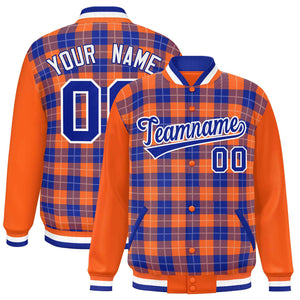 Custom Royal Orange-White Varsity Full-Snap Plaid Pattern Letterman Baseball Jacket