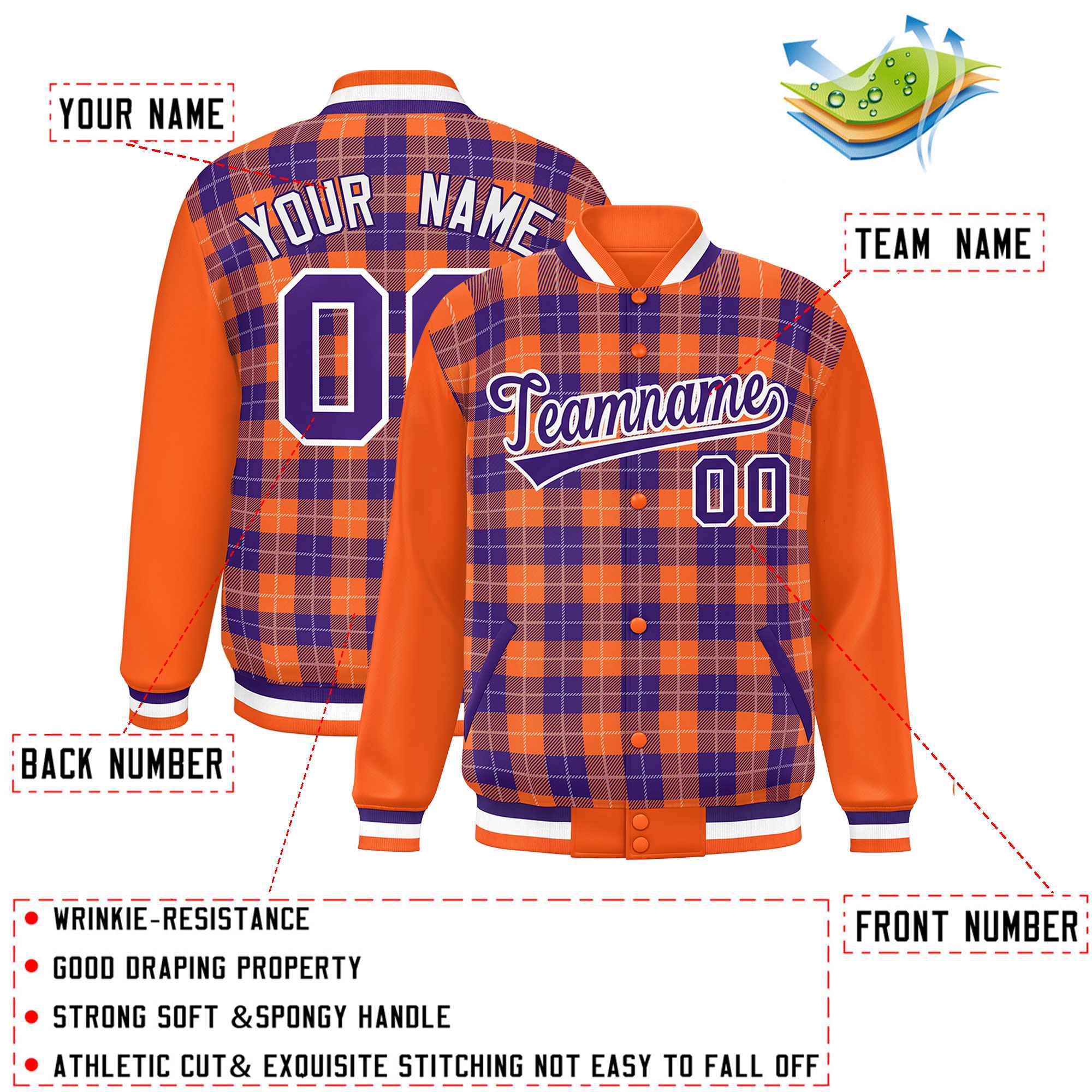 Custom Purple Orange-White Varsity Full-Snap Plaid Pattern Letterman Baseball Jacket