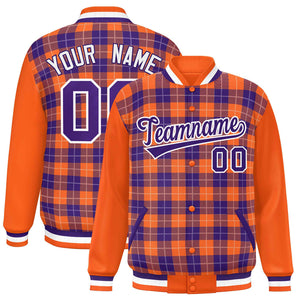 Custom Purple Orange-White Varsity Full-Snap Plaid Pattern Letterman Baseball Jacket