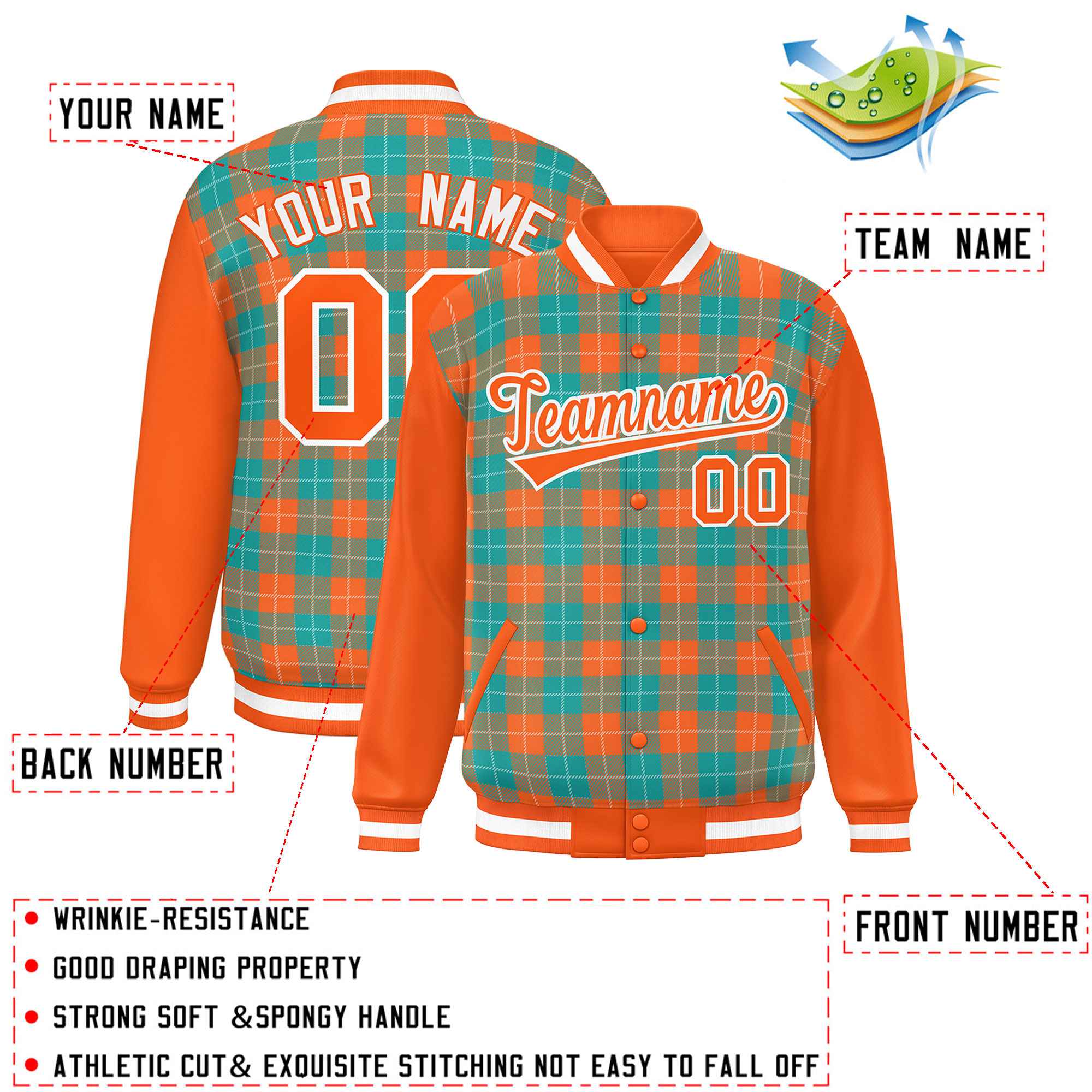 Custom Aqua Orange-White Varsity Full-Snap Plaid Pattern Letterman Baseball Jacket