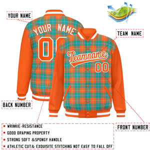 Custom Aqua Orange-White Varsity Full-Snap Plaid Pattern Letterman Baseball Jacket