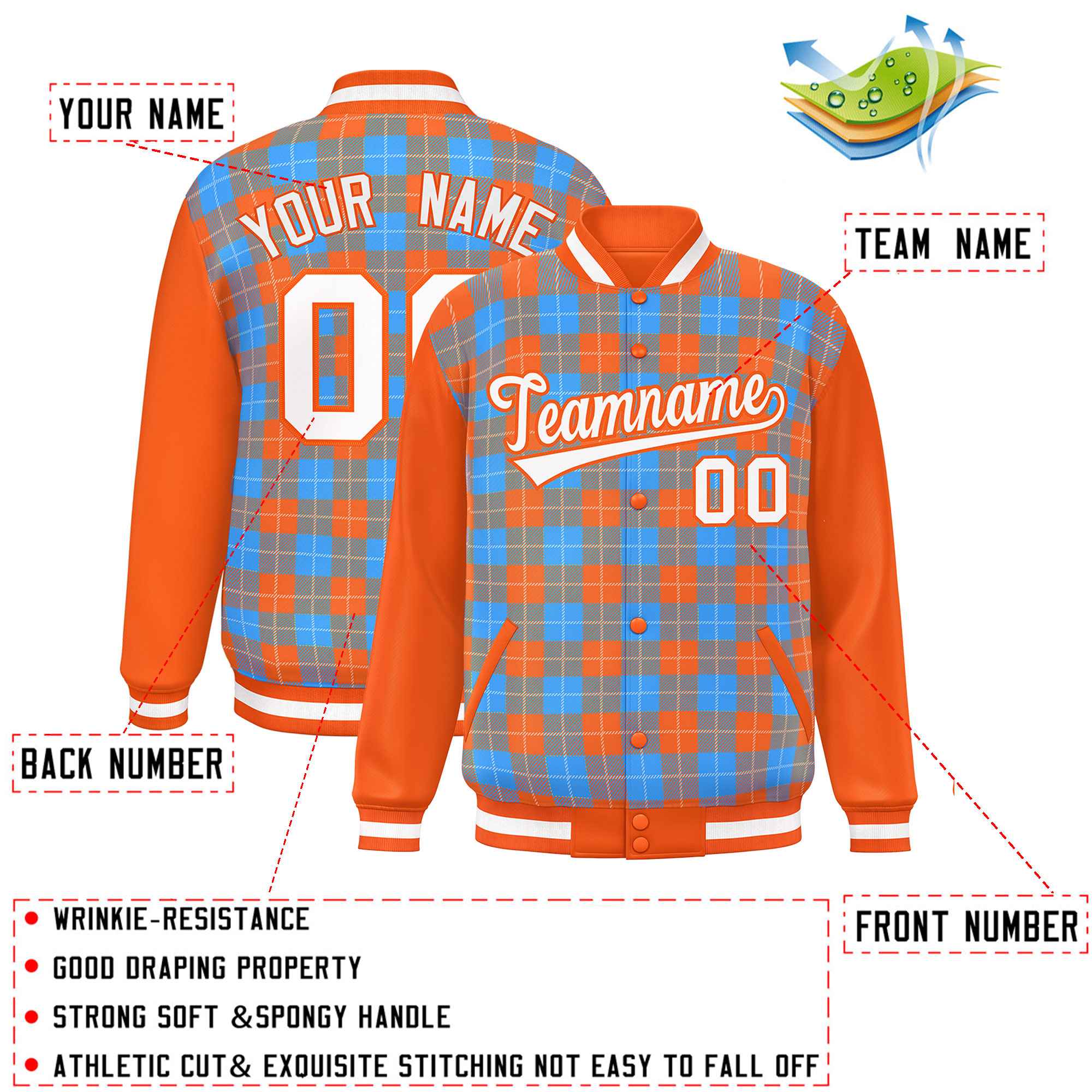 Custom Powder Blue Orange-White Varsity Full-Snap Plaid Pattern Letterman Baseball Jacket