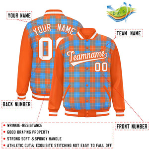 Custom Powder Blue Orange-White Varsity Full-Snap Plaid Pattern Letterman Baseball Jacket