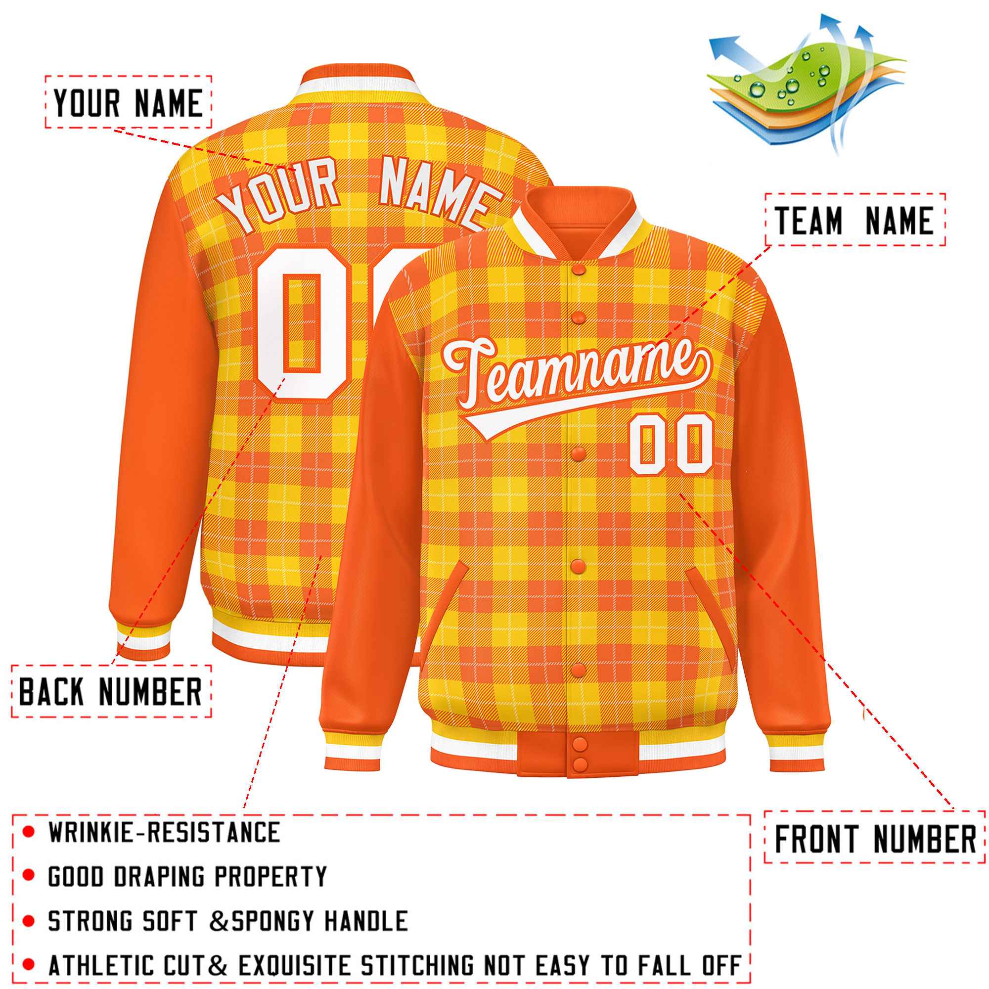 Custom Gold Orange-White Varsity Full-Snap Plaid Pattern Letterman Baseball Jacket