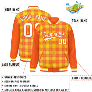 Custom Gold Orange-White Varsity Full-Snap Plaid Pattern Letterman Baseball Jacket