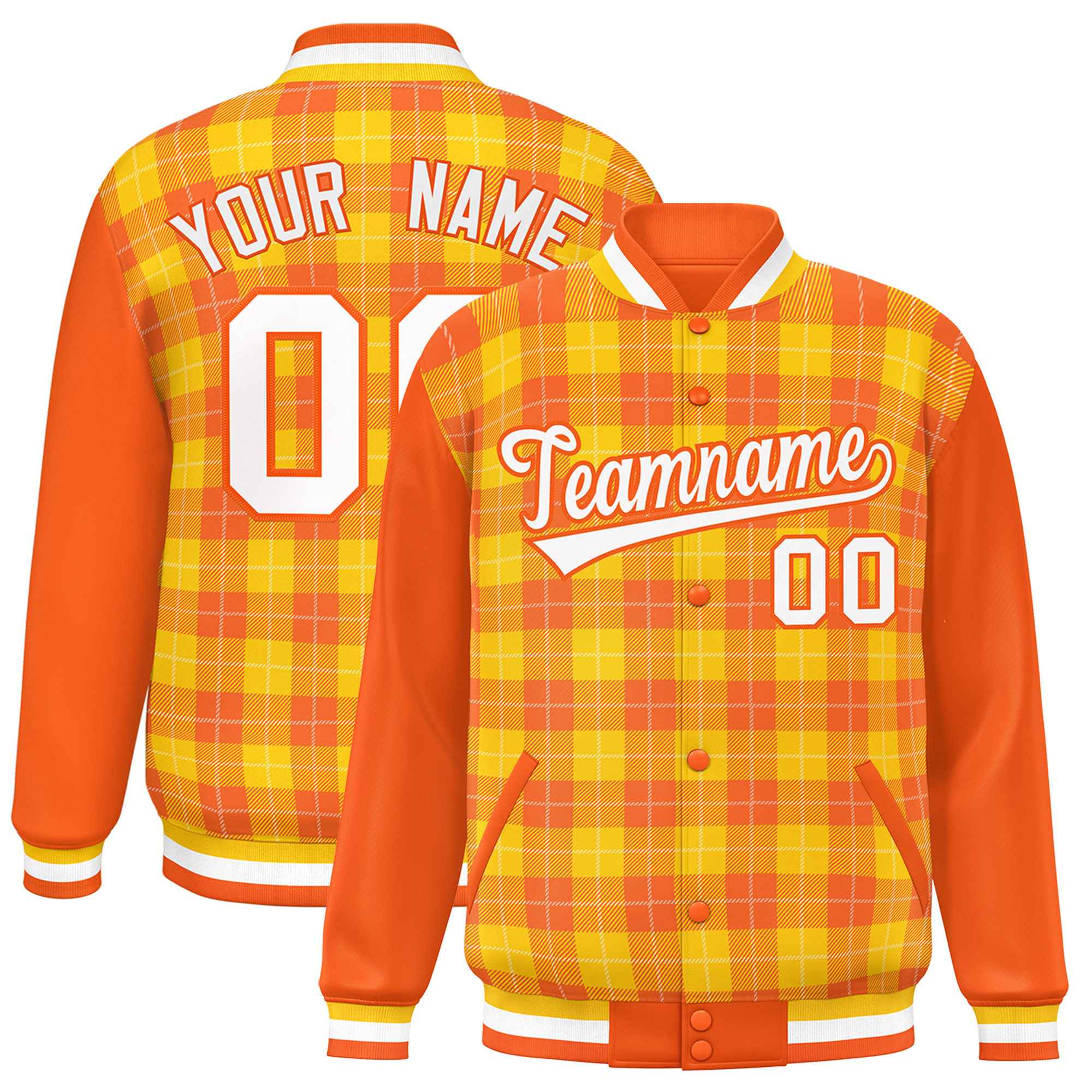 Custom Gold Orange-White Varsity Full-Snap Plaid Pattern Letterman Baseball Jacket