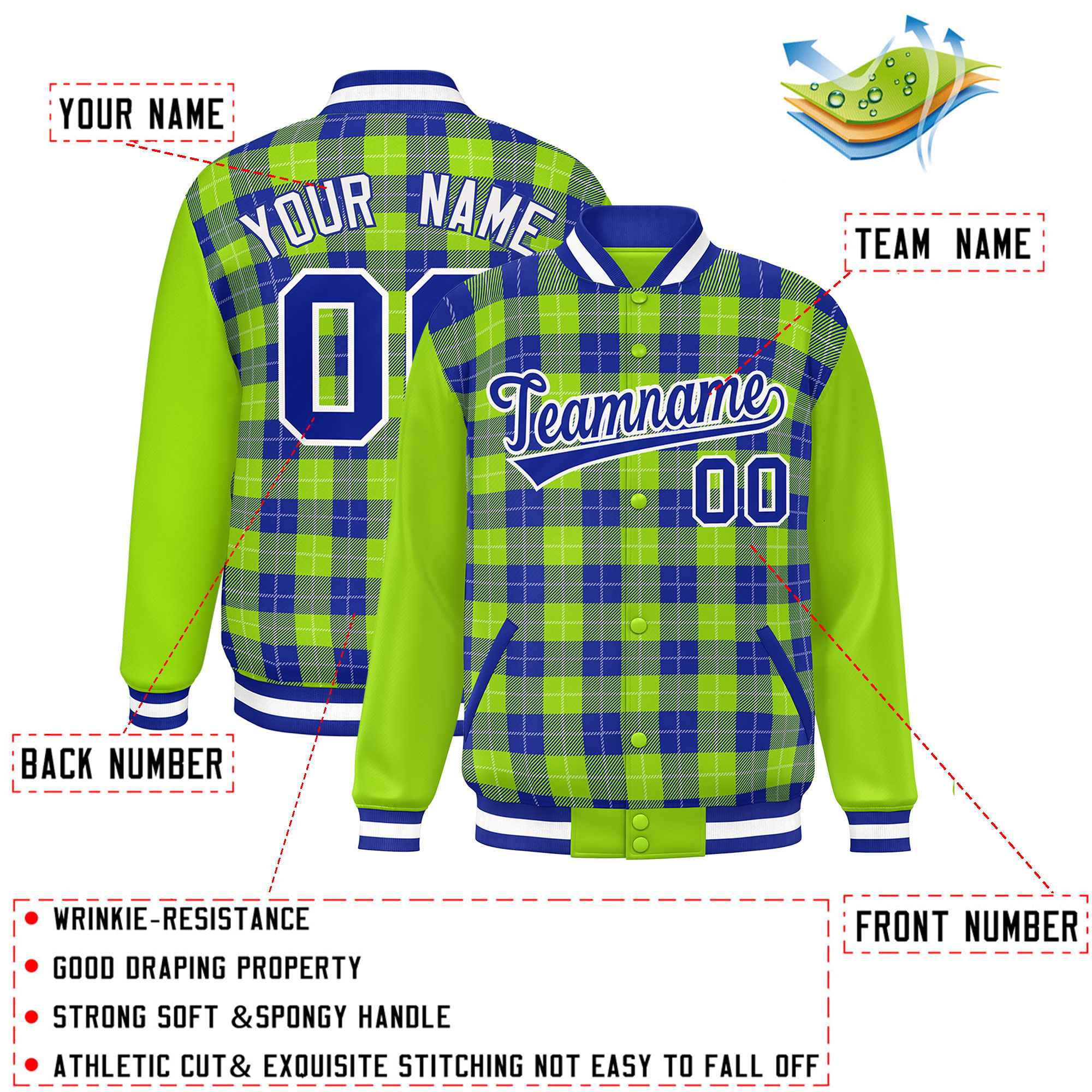 Custom Royal Neon Green-White Varsity Full-Snap Plaid Pattern Letterman Baseball Jacket