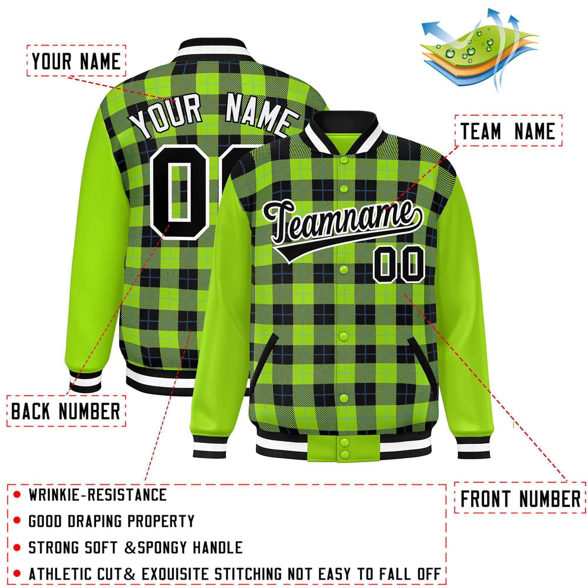 Custom Black Neon Green-Powder Blue Varsity Full-Snap Plaid Pattern Letterman Baseball Jacket