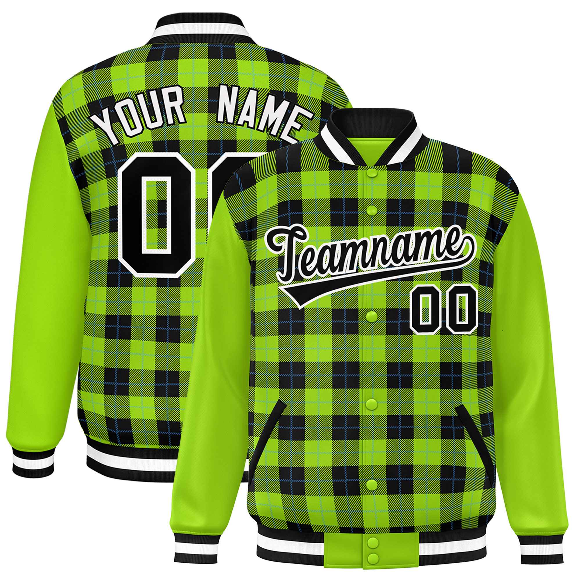 Custom Black Neon Green-Powder Blue Varsity Full-Snap Plaid Pattern Letterman Baseball Jacket