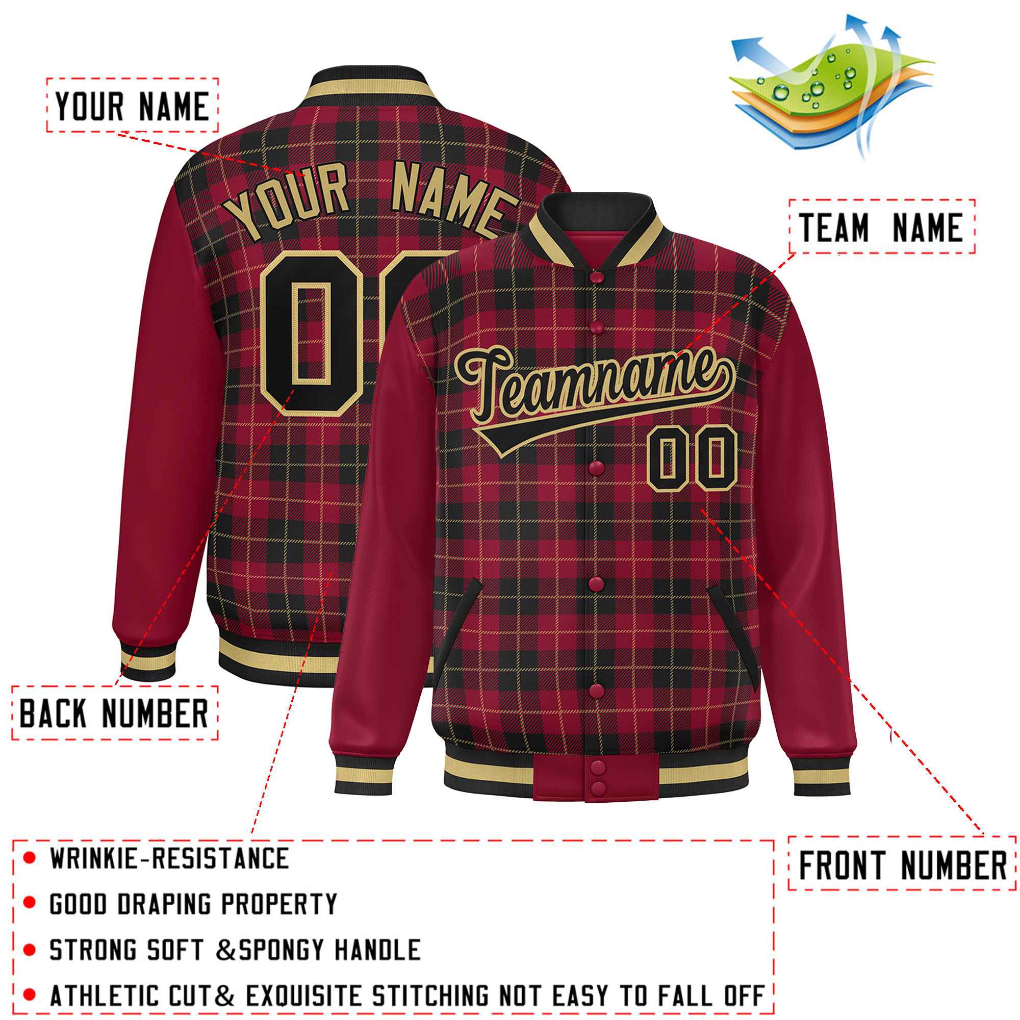 Custom Black Crimson-Khaki Varsity Full-Snap Plaid Pattern Letterman Baseball Jacket