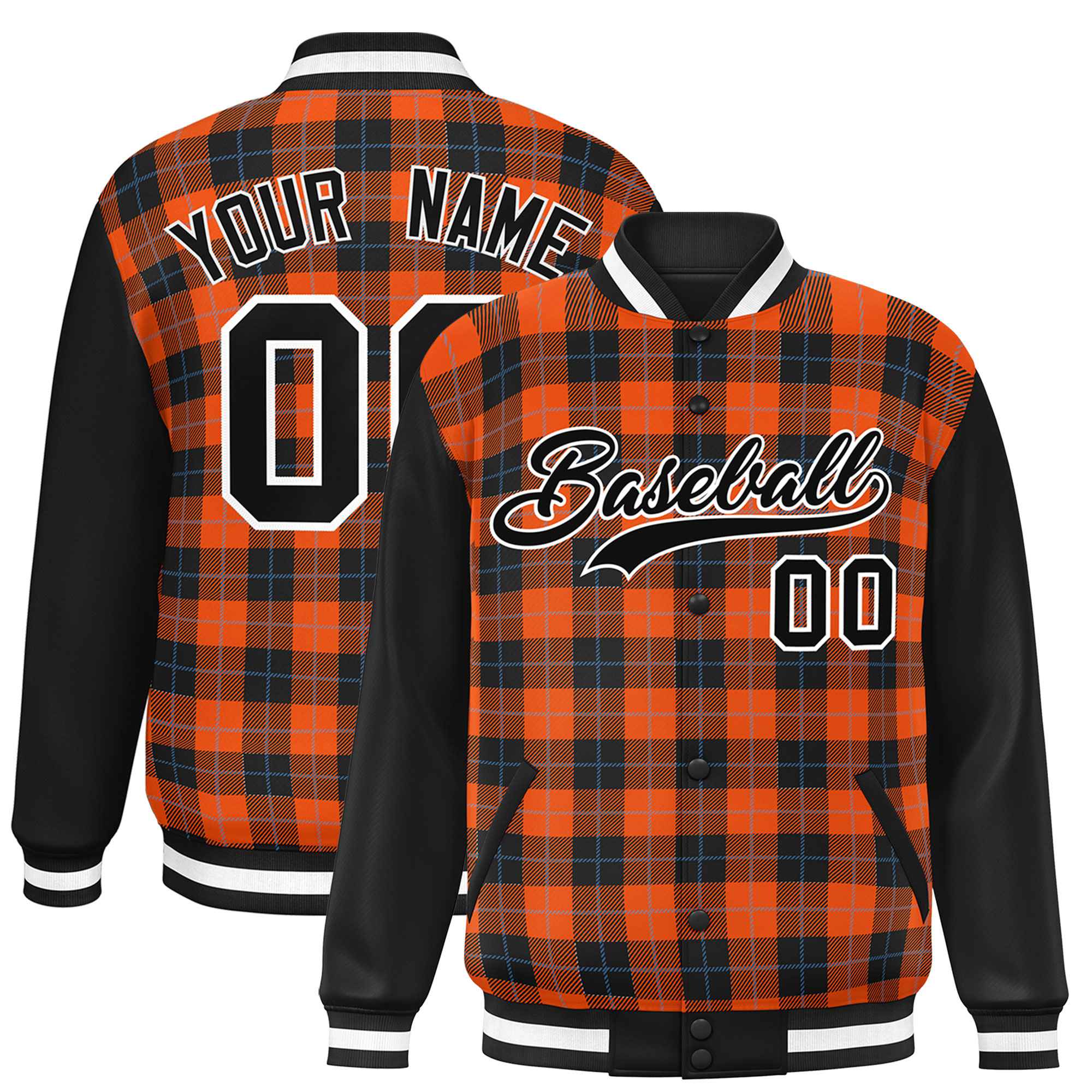 Custom Orange Black-Powder Blue Varsity Full-Snap Plaid Pattern Letterman Baseball Jacket