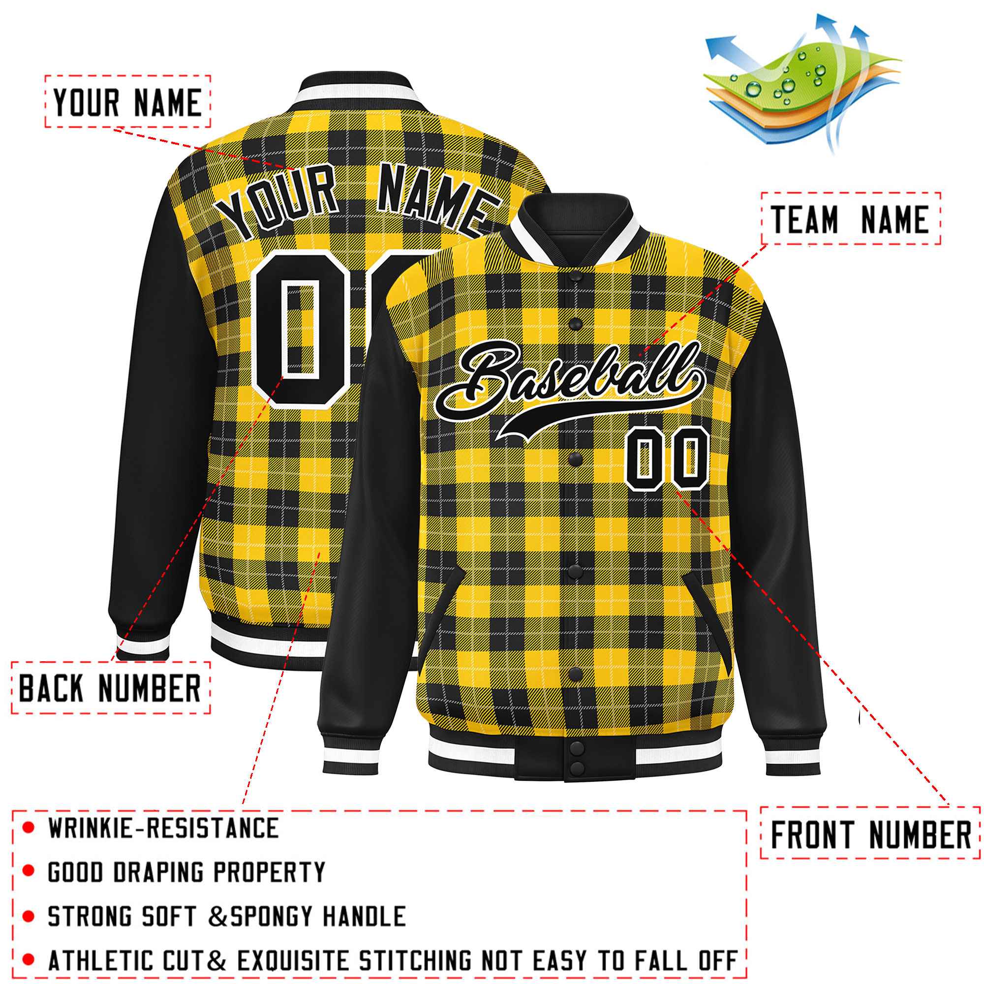 Custom Gold Black-White Varsity Full-Snap Plaid Pattern Letterman Baseball Jacket