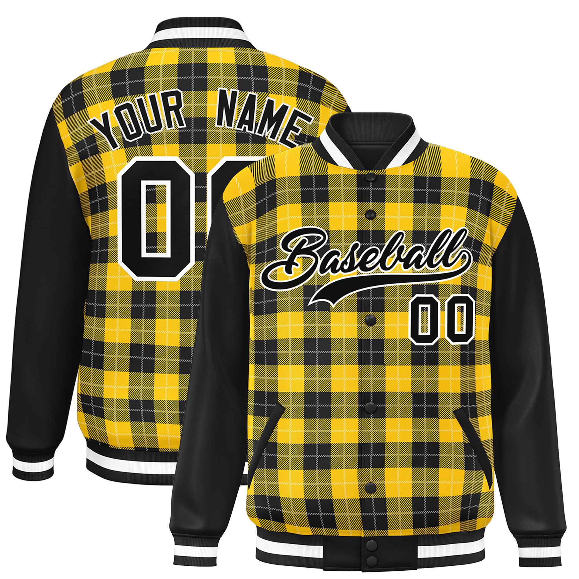 Custom Gold Black-White Varsity Full-Snap Plaid Pattern Letterman Baseball Jacket