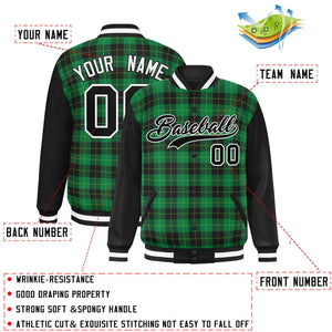 Custom Green Black-Neon Green Varsity Full-Snap Plaid Pattern Letterman Baseball Jacket