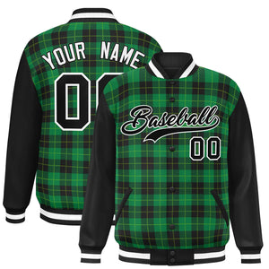 Custom Green Black-Neon Green Varsity Full-Snap Plaid Pattern Letterman Baseball Jacket