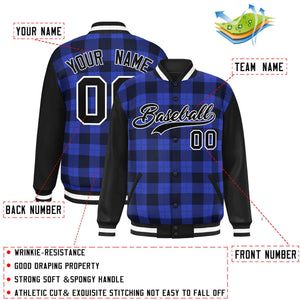 Custom Royal Navy-Black Varsity Full-Snap Plaid Pattern Letterman Baseball Jacket