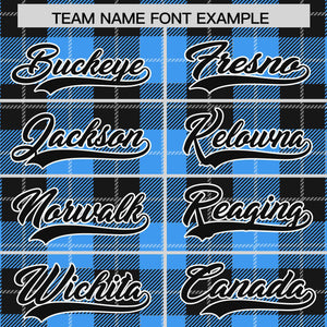 Custom Powder Blue Black-White Varsity Full-Snap Plaid Pattern Letterman Baseball Jacket