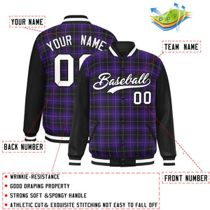 Custom Purple Black-White Varsity Full-Snap Plaid Pattern Letterman Baseball Jacket