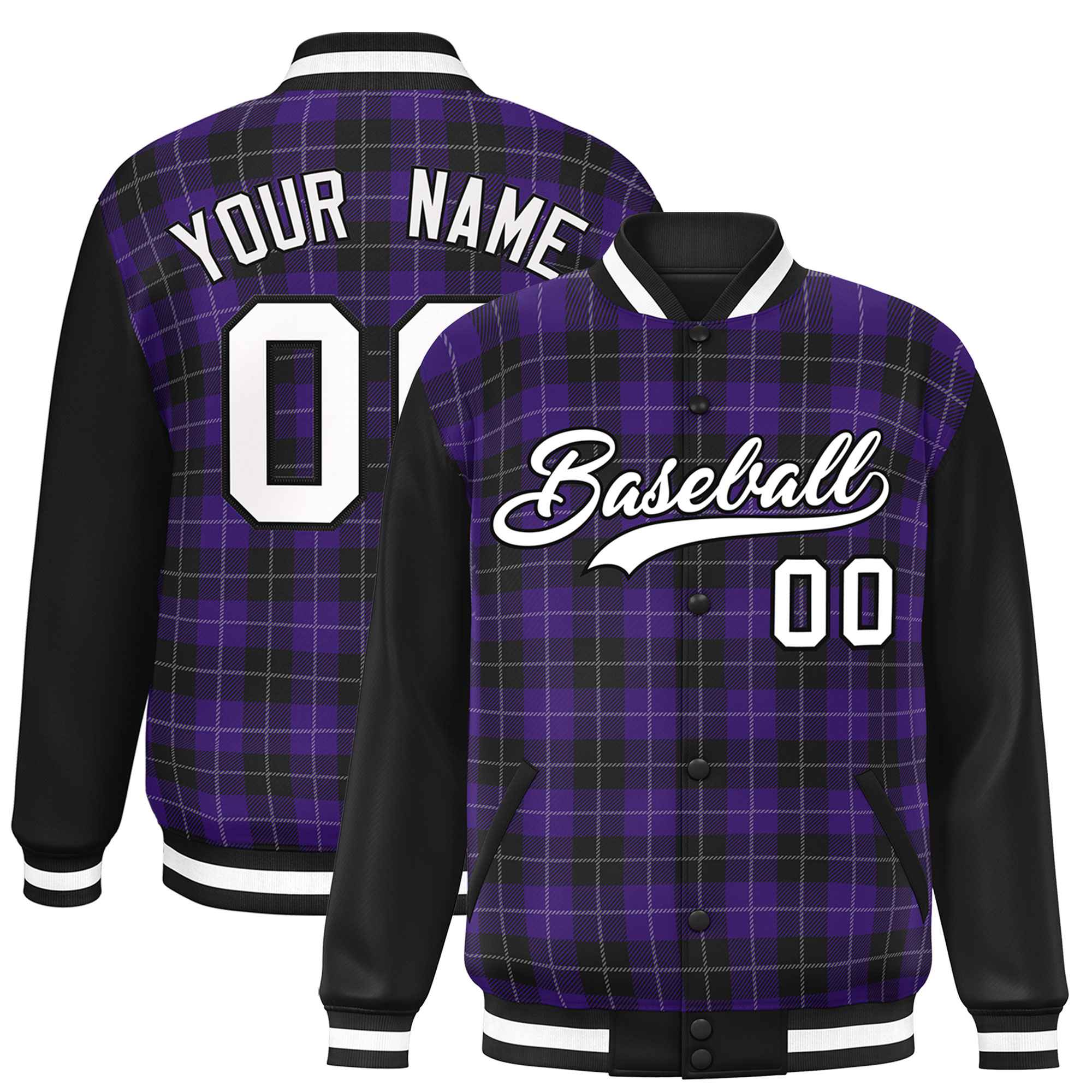 Custom Purple Black-White Varsity Full-Snap Plaid Pattern Letterman Baseball Jacket