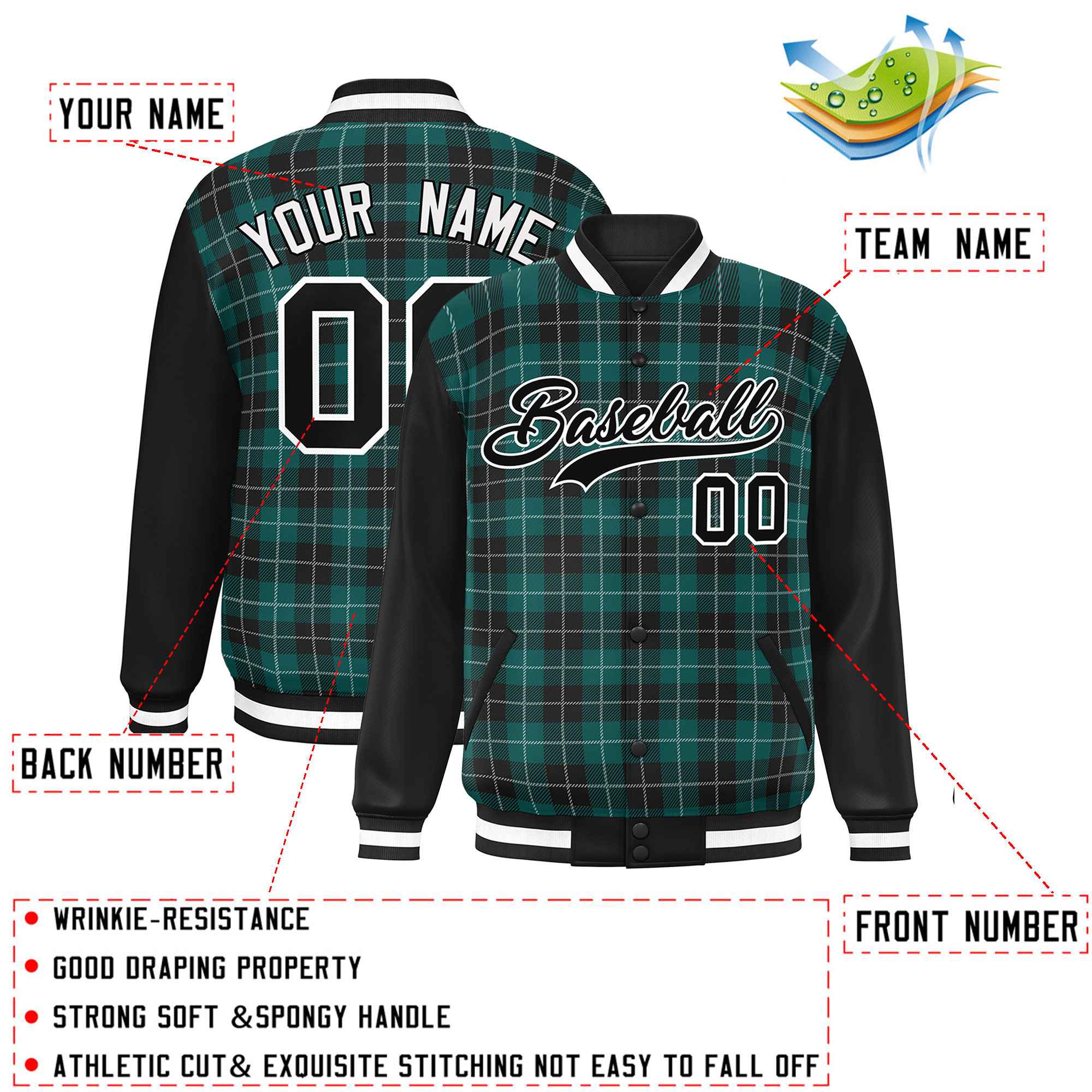 Custom Midnight Green Black-White Varsity Full-Snap Plaid Pattern Letterman Baseball Jacket