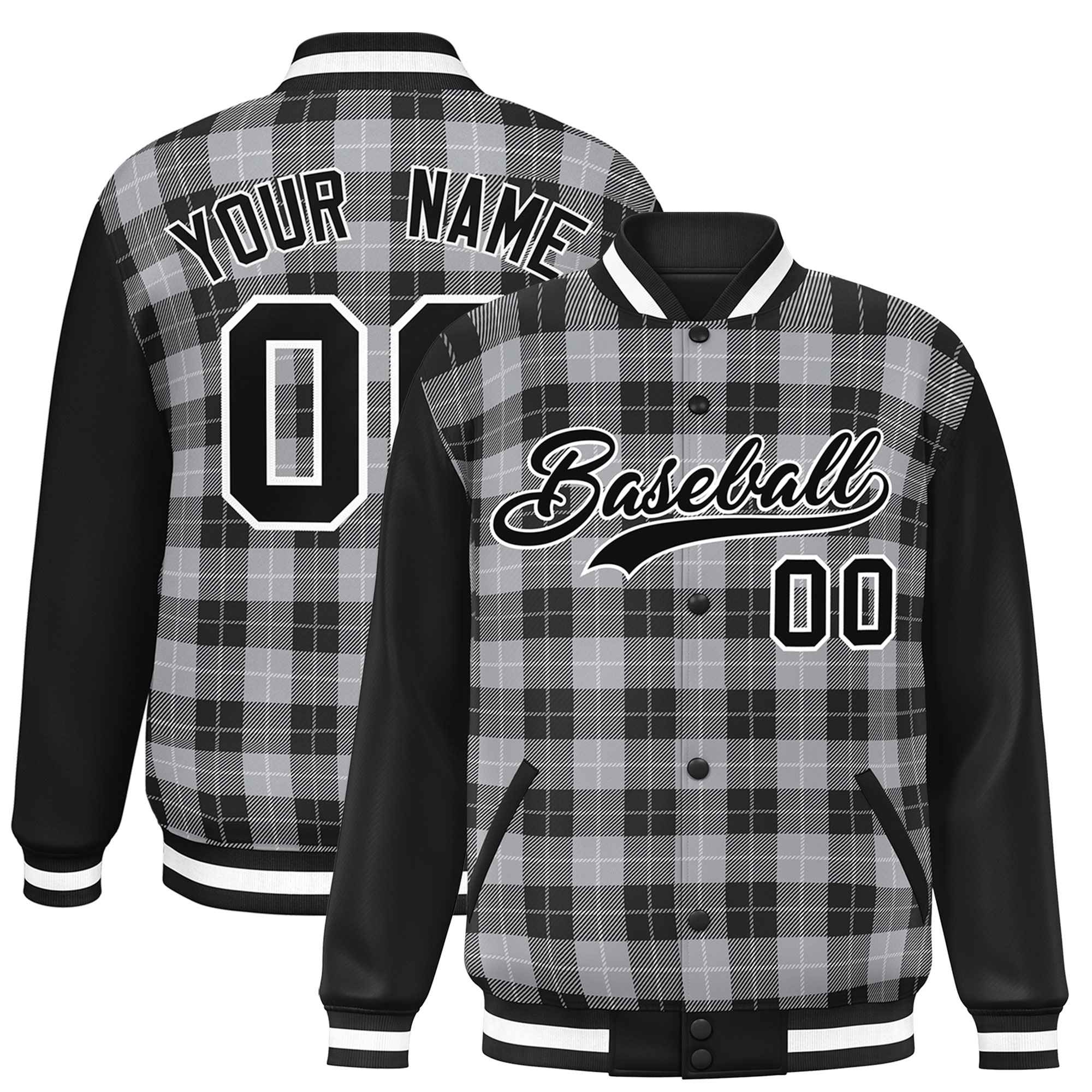 Custom Gray Black-White Varsity Full-Snap Plaid Pattern Letterman Baseball Jacket